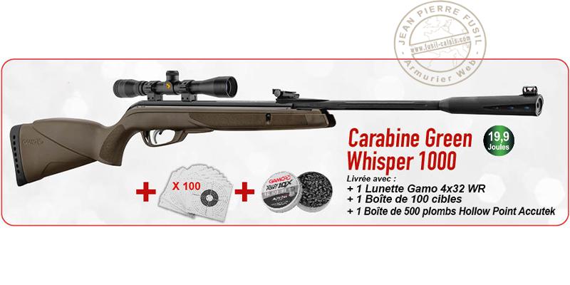 Pack carabine à plombs 4,5 mm GAMO Green Whisper 1000 (19,9 Joules)