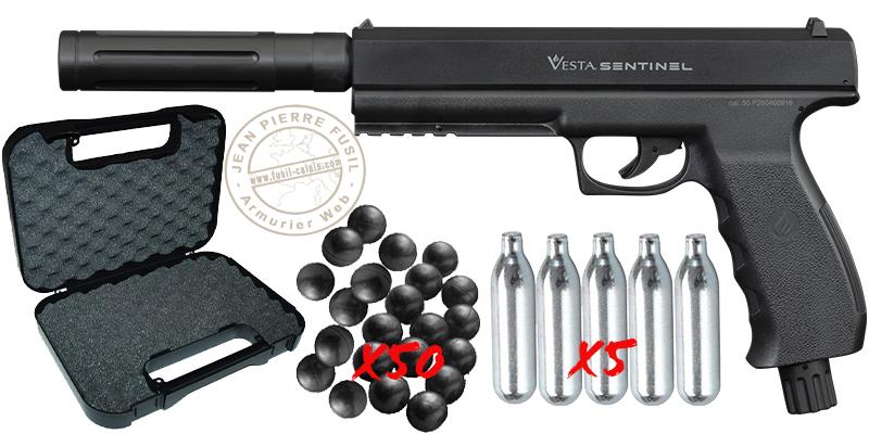 Pistolet CO2 à balles de caoutchouc VESTA DEFENSE SENTINEL + Extension TACHYON-S
